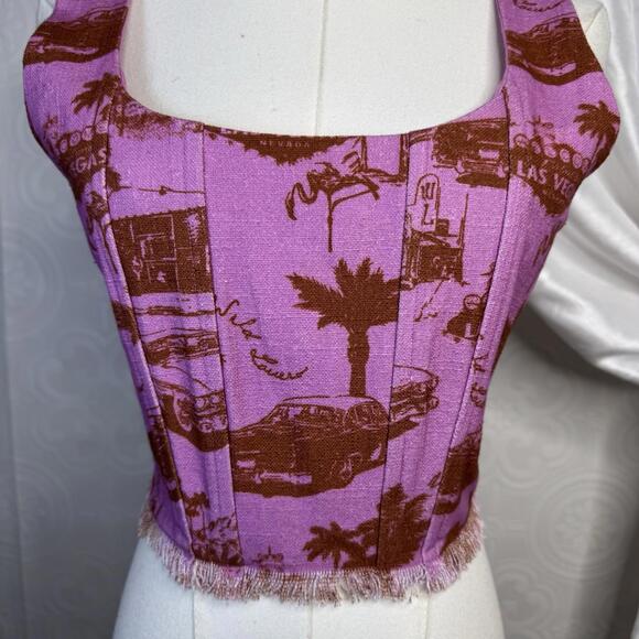Urban Outfitters Wild Lovers Connie Boned Corset Pink Vegas Car Print Size L - Picture 2 of 5